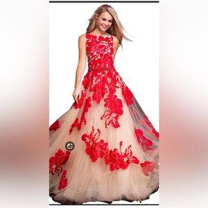 Jovani Red and Cream Floral Prom Dress